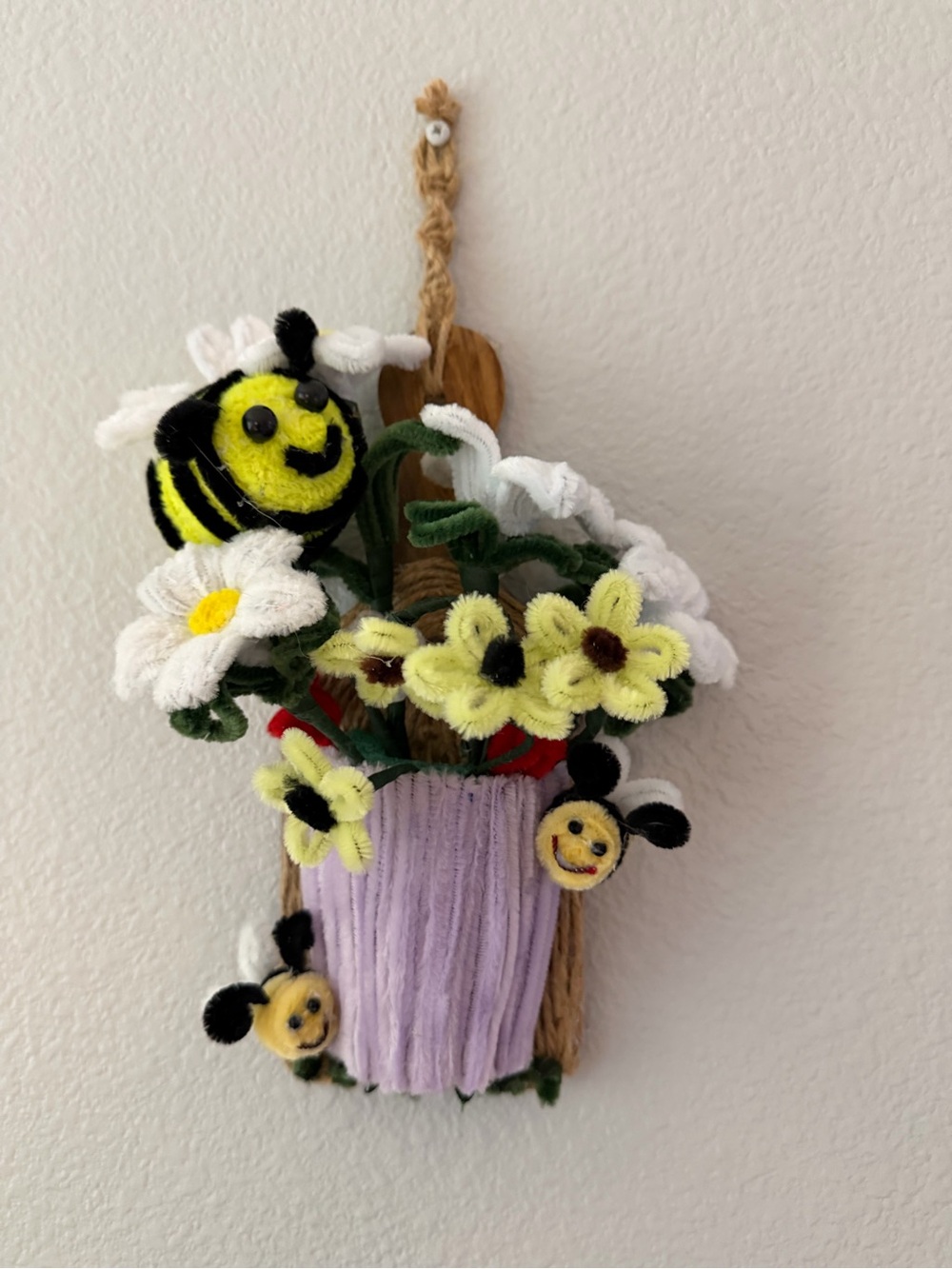Whimsical Purple Flower Pot Wall Art with Yellow Bee Accents